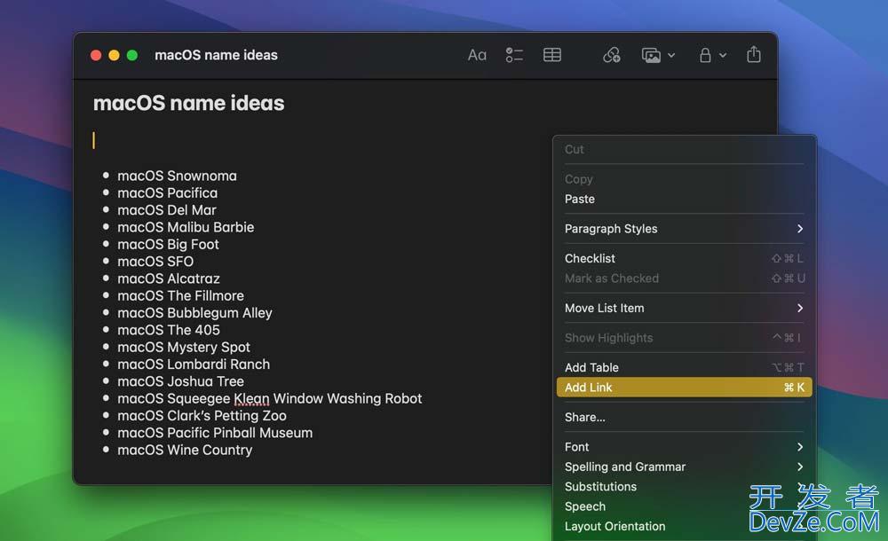 苹果 macOS Sonoma备忘录 Notes链接到应用中其它笔记的教程