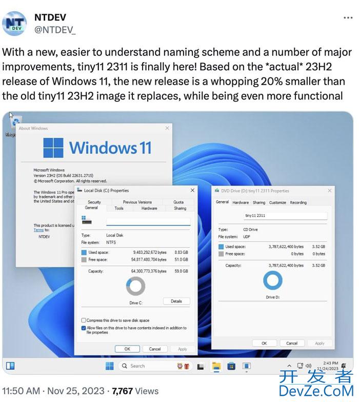 极简版 Win11 Tiny11 更新 23H2 版本 安装包体积降低20%