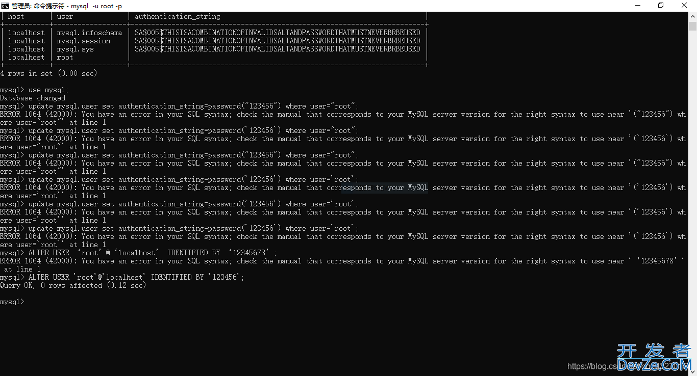 设置MySQLroot账户密码报错ERROR 1064 (42000): You have an error in your SQL syntax；的解决方案